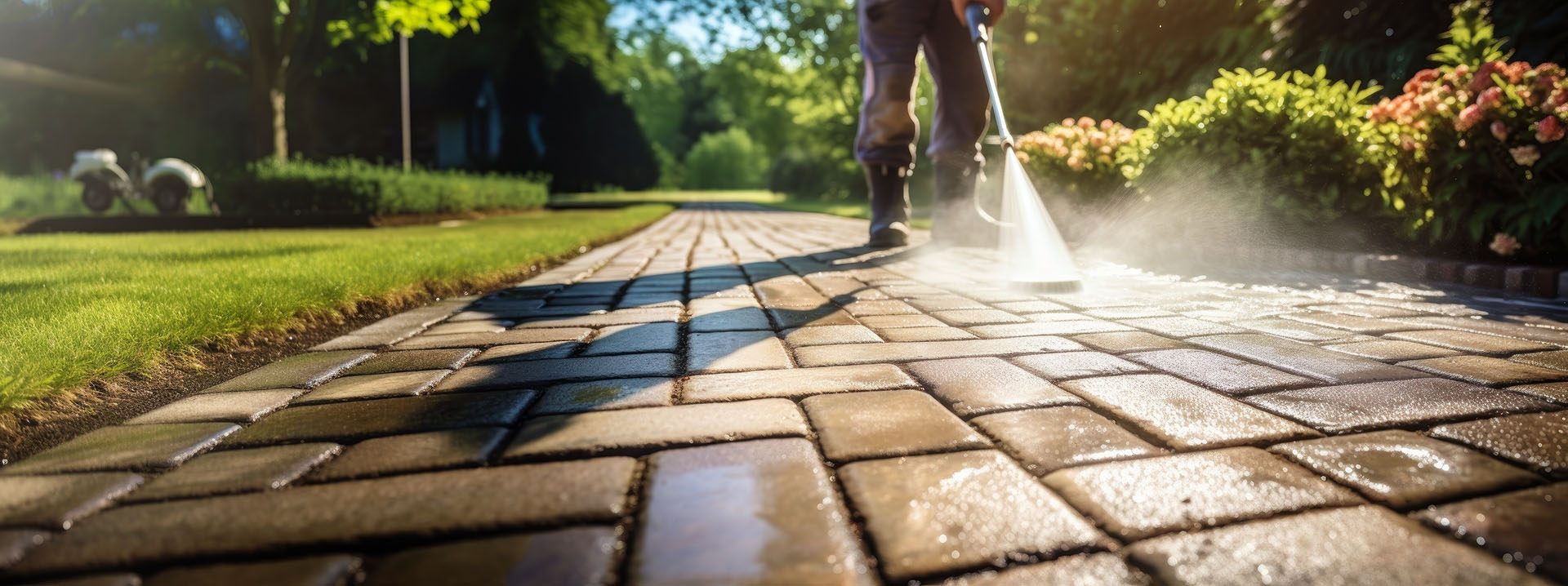 Power Washing Garden Cobble Stone Paths. Outdoor Cleaning Using Pressure Washer. Closeup Photo. Blogpost background.